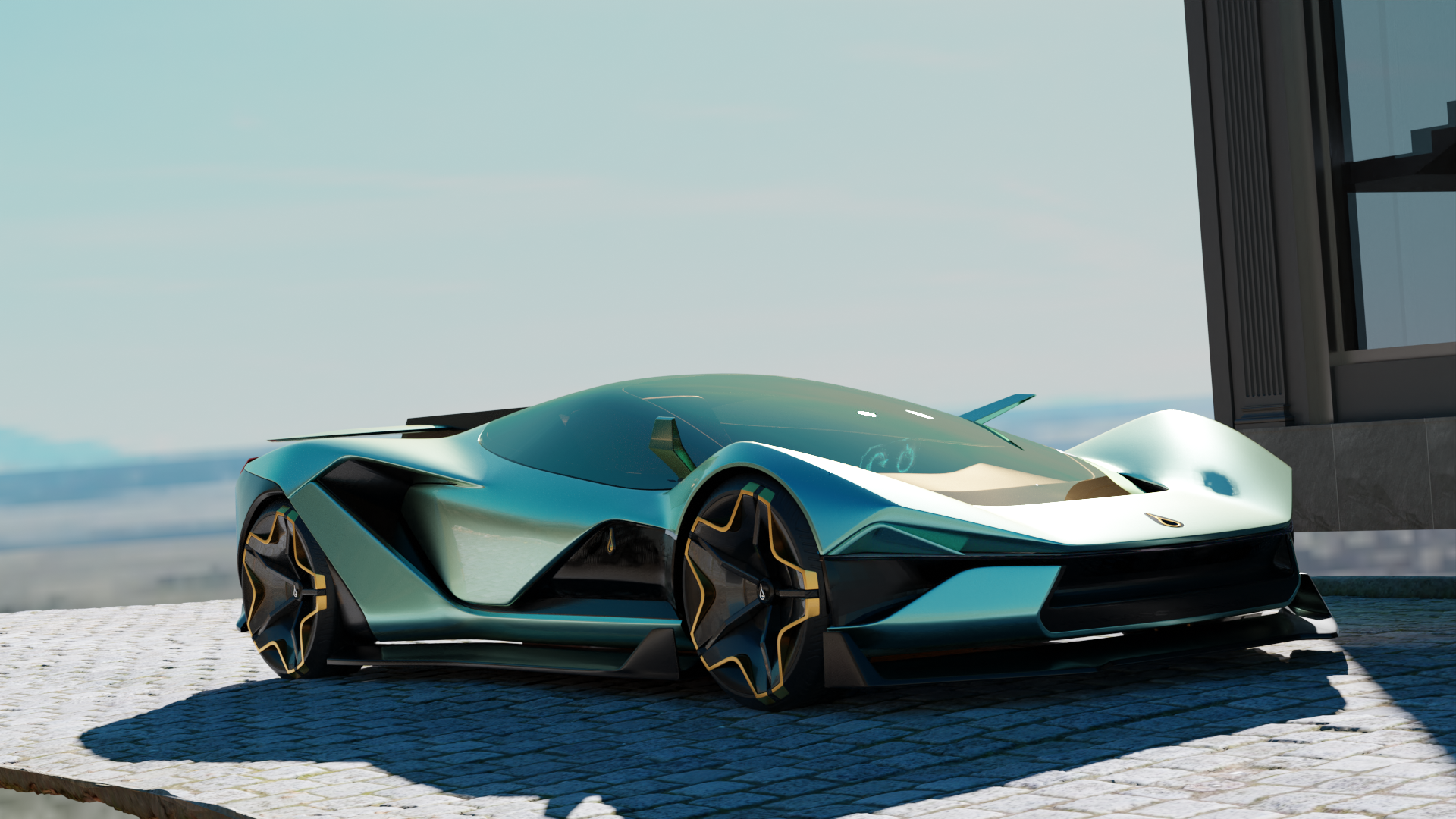 Aaron’s Osiris vehicle concept, with sculpted teal bodywork, viewed from the front three-quarter angle